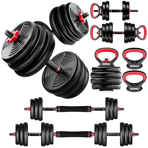 GOIMU Adjustable Dumbbells, 55/77LBS Free Weight Set, 4 in 1 Dumbbell Set Used as Barbell, Kettlebell, Push Up Stand, Fitness Exercise for Home Gym Suitable Men/Women(76LB) - Image 1