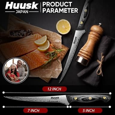 Huusk Damascus Fish Fillet Knife - 7 inch Flexible boning knife with VG10 Core, Kitchen Slicing Knife with Full Tang Handle, Birthday Dad Mom Gift - Image 6