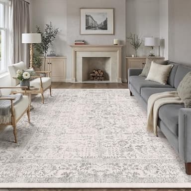 PureCozy Gray Area Rug 9x12 Machine Washable Large Vintage Living Room Distressed Non Slip Carpet Traditional Indoor Bedroom Grey Retro Floral Accent Throw Rug for Office Kitchen Dining Room - Image 1