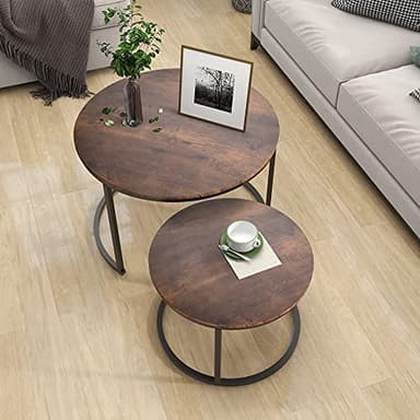 HOJINLINERO Industrial Round Coffee Table Set of 2 End Table for Living Room,Stacking Side Tables, Sturdy and Easy Assembly,Wood Look Accent Furniture with Metal Frame,Black+Rustic Brown - Image 3