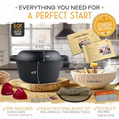 Crovora Pre-Seasoned Cast Iron Dutch Oven for Bread Baking with Skillet Lid - Incl. Sourdough Bread Baking Supplies like Banneton Bread Proofing Basket, 5QT Cast Iron Bread Pan, Bread Oven - Image 3