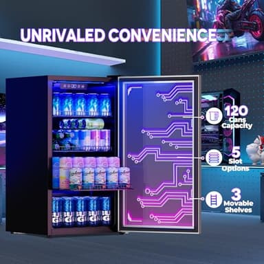 Manastin Gaming Light Up Beverage Refrigertor, Led Lighting Door 120 Cans Freestanding Beverage Fridge, Cyberpunk Beverage Cooler for Gaming, Gaming Room, Bar, Party (Lighting) - Image 3