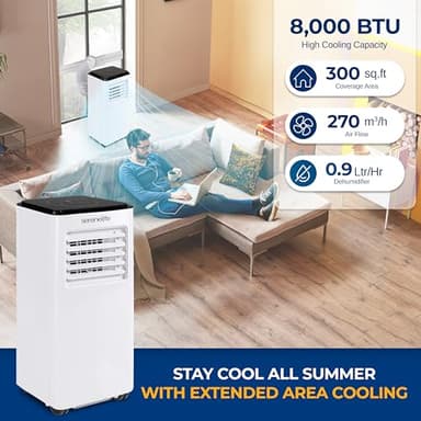 SereneLife 8000 BTU Portable Air Conditioner, 3-in-1 Compact Standing Air Conditioner for Room Up to 350 Sq. Ft., Floor AC Unit with LCD Remote Control, Auto Mode, Low Noise with Wrapped Compressor - Image 2