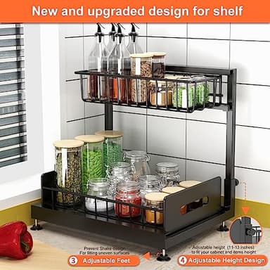 2 Pack Under Sink Organizers and Storage,Pull Out Cabinet Organizer,2-Tier Sliding Out Kitchen Basket Sink Shelf Cabinet Organizers Adjustable L Shape Counter Organizers for Bathroom Kitchen (Black) - Image 3