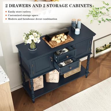 ARTPOWER Console Table with 2 Drawers, Retro Entryway Table with 2 Door Cabinets and Open Storage Shelf, Narrow Long Behind Couch Sofa Table for Living Room, Foyer, Hallway, Blue - Image 5