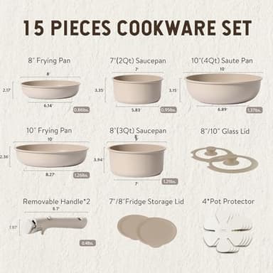 CAROTE 15pcs Pots and Pans Set, Nonstick Cookware Set Detachable Handle, Induction Kitchen Cookware Sets Non Stick with Removable Handle, RV Cookware Set, Oven Safe, Taupe - Image 2