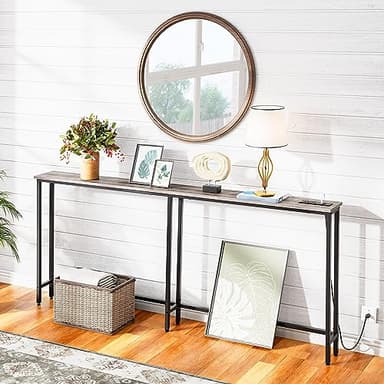 HOOBRO 70.9" Narrow Console Table with Charging Station, 5.9" Sofa Table with 2 Power Outlets and USB Ports, Long Entryway Tables Behind Couch Table, for Hallway, Living Room, Greige BG185UXG01 - Image 4