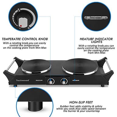 Techwood 1800W Hot Plate Portable Electric Stove Countertop Double Burner with Adjustable Temperature & Stay Cool Handles, 7.5” Cooktop for RV/Home/Camp, Compatible for All Cookwares - Image 3