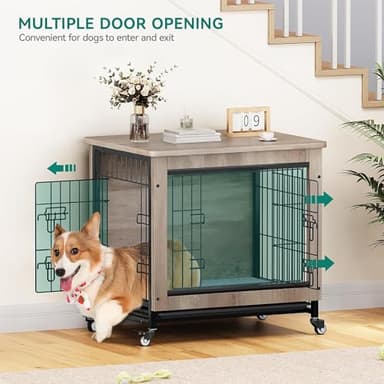 YITAHOME Dog Crate Furniture with Cushion, Kennel with Wheels, End Table with Tray, 27" Cage with Double Doors for Small Dog (Gray) - Image 6