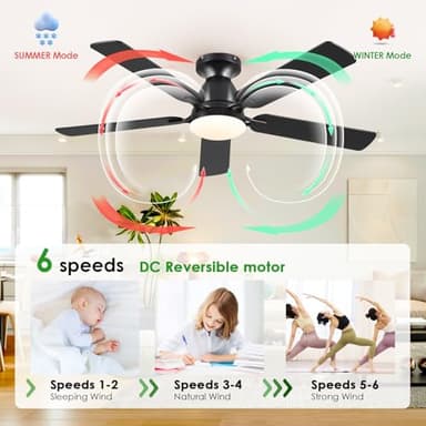 Ceiling Fans with Lights- 52" Low Profile Indoor Ceiling Fan with Light and Remote/APP Control, Flush Mount, LED Dimmable DC Reversible Modern Ceiling Fan for Bedroom(Black) - Image 3