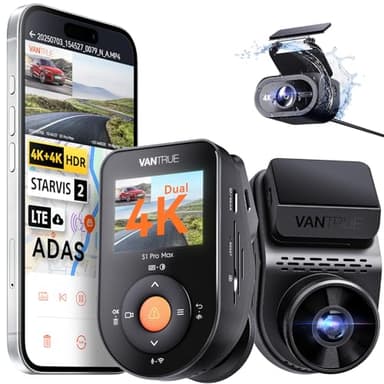 Vantrue S1 Pro Max AI Dash Cam 4K+4K with ADAS, Dual STARVIS 2 Dash cam Front and Rear, 2 Channel HDR Dashcam, PlatePix Night Vision, 5G WiFi, Voice Control, GPS, 24H Buffered Parking Mode, 1TB Max - Image 1