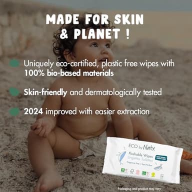 Eco by Naty Flushable Baby Wipes - Compostable and Plant-Based Wipes, Chemical-Free and Hypoallergenic Baby Wipes Safe for Baby Sensitive Skin, 56 Wipes Per Pack (12 Pk) - Image 3