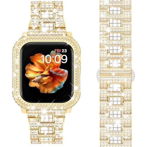 Mosonio Compatible with Bling Apple Watch Band 45mm with Shiny Metal Case for Women, Full Sparking Luxury Diamond Bands and Cover Set, Cute Charming Strap for iWatch SE Series 9/8/7(Gold, 45mm) - Image 1