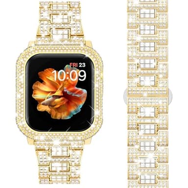 Mosonio Compatible with Bling Apple Watch Band 45mm with Shiny Metal Case for Women, Full Sparking Luxury Diamond Bands and Cover Set, Cute Charming Strap for iWatch SE Series 9/8/7(Gold, 45mm) - Image 1