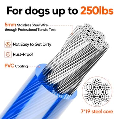 Tresbro 70FT Reflective Tie Out Cable for Dogs Up to 250 Pounds, Steel Wire Lead Leash Cable with Stainless Rotatable Clip, Lightweight and Enduring, Dog Lead Chains for Outside,Yard,Camping, Blue - Image 3