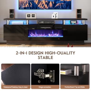 OneBlis 70" TV Stand for Living Room, Modern Entertainment Center & Media Console, Fits TVs up to 80", Storage Cabinet with Shelves, 36" Electric Fireplace with LED Flame (All Black) - Image 8