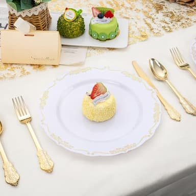 DaYammi 60PCS White and Gold Plastic Plates, Thanksgiving Plates Disposable Heavy Duty Disposable Platos Premium 10inch White Dinner Platos Hard Plastic Plate for Party Wedding Bridal Shower - Image 2