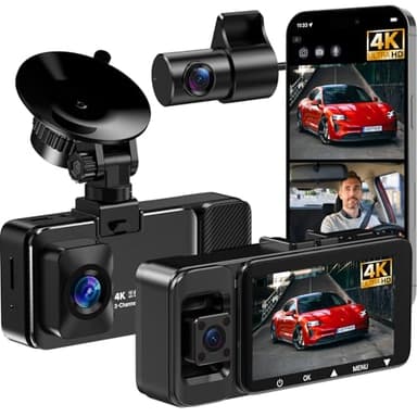 LECTRUS 3 Channel 4k Dash Cam Front and Rear and Inside, Car Mount Dash Camera with WiFi, 64GB Card, Night Vision, App Control, Loop Recording, G-Sensor, 24h Parking Mode, 3" IPS Screen - Image 1