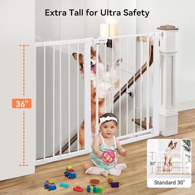 COMOMY 36" Extra Tall Baby Gate for Stairs Doorways, Fits Openings 29.5" to 48.8" Wide, Auto Close Extra Wide Dog Gate for House, Pressure Mounted Easy Walk Through Pet Gate with Door, White - Image 2