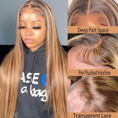 ROLKISA Highlight Ombre Lace Front Wig Human Hair 28Inch Honey Blonde Lace Front Wigs13x6 HD Lace Front Wig Human Hair 180% Density 4/27 Colored Straight Human HairPre Plucked - Image 2