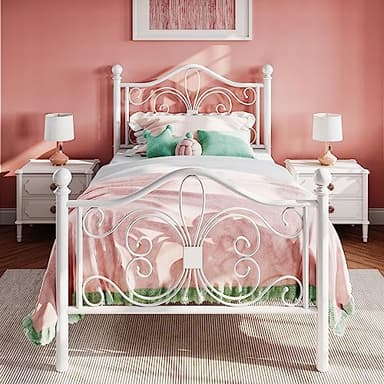SHA CERLIN Twin Size Bed Frame for Kids,Metal Bed Frame with Butterfly Pattern Design Headboard & Footboard,No Box Spring Needed,Easy Assembly,White - Image 1