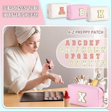 TOPEAST Initial Makeup Bag, Birthday Gifts for 4 5 6 7 8 9 10 11 12 Year Old Girls, Personalized Preppy Cosmetic Bag | Leather Toiletry Bag | Gifts for Teen Girls Kids (Pink E) - Image 3