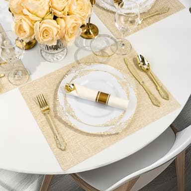 Bestluck 350PCS Gold Plastic Plates for 50 Guests, Disposable Dinnerware Sets Include 100 Gold Rim Plastic Plates, 50 Silverwares, 50 Cups, and 50 Pre Rolled Napkins for Party, Wedding, Graduation - Image 5