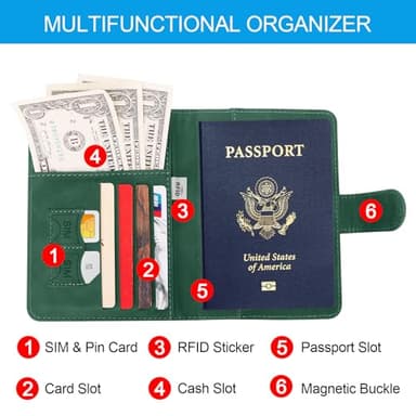 Sovirose Passport Holders, RFID Blocking Credit Card Holder, PU Leather Passport Holders for Travel with Magnetic Buckle, Travel Must Haves Cruise Ship Essentials for Men, Women (Green) - Image 6