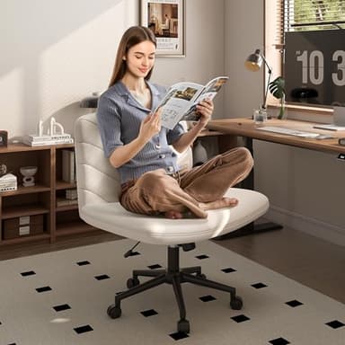 Yaheetech Wide Criss Cross Legged Office Desk Chair with No Wheels, Vanity Comfy Swivel Computer Chairs for Home Office Reading Makeup, Beige - Image 3