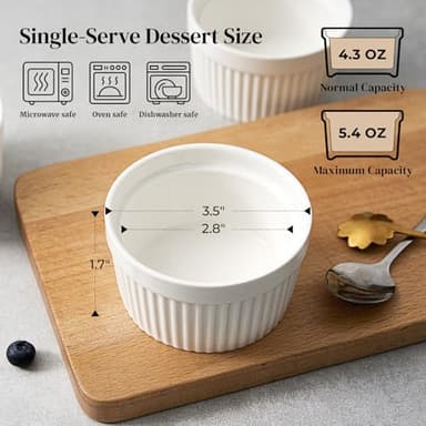 DOWAN Ramekins 4 oz Oven Safe for Creme Brulee Souffle, Porcelain Custard Cups Ramiken for Baking, Small Bowls Dipping Sauce Dish Classic Style, Set of 6, Soft White - Image 3