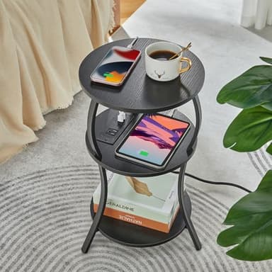 Small Round Side Table with Charging Station, 3-Tier Waist Circular End Table with Storage Shelf, Compact Tea Sofa Side Table Small Spaces, Round Corner Coffee Table for Living Room Bedroon,Black - Image 8