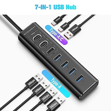 Powered USB Hub, Rosonway 7-Port USB 3.2/USB C Hub with 10Gbps USB-A 3.2, 2 USB-C 3.2, 4 USB 3.0 Ports, Individual Switches and 12V Power Adapter, Aluminum USB Port Expander for Laptop/PC, RSH-A107C - Image 5
