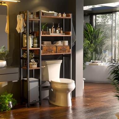 Over The Toilet Storage with 2 Drawers - 7 Tier Bathroom Organizer with Adjustable Shelf, Freestanding Space Saver Storage Rack Above Toilet Stand with 4 Hooks for Restroom, Laundry, Rustic Brown - Image 2