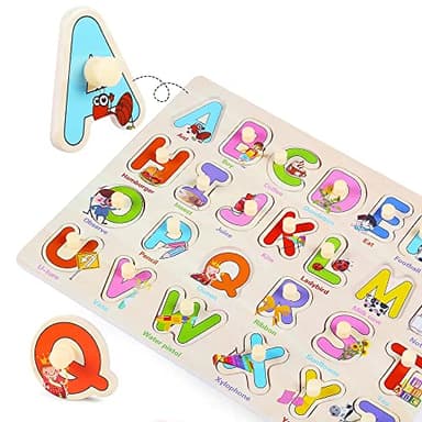 GRINNNIE Wooden Montessori Toddler Puzzles for 1 2 3 4 Years Old, 3 Pcs (Number, Letter, Shape) Kids Preschool Educational Peg Puzzle Set - Image 4