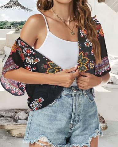 Women Shrug Chiffon Cardigans Open Front Short Sleeve Bolero for Evening Dressy(Black Print,S) - Image 5
