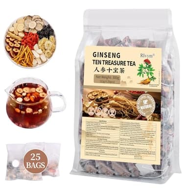 25Pcs Ginseng Ten Treasures Tea, Chinese Traditional Kidney Care Herbal Tea, Natural Kidney Cleanse Detox Tea for Women & Men, 10 Precious Ingredients Formula(25Bags, 300g) - Image 1