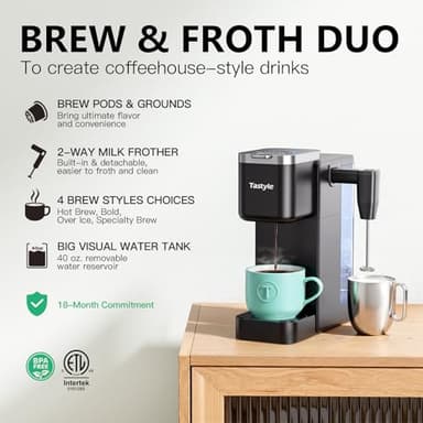 Tastyle Single Serve Coffee Maker with Built-in Detachable Milk Frother, Iced and Hot Coffee Machine for K Cup & Grounds, 40oz Removable Water Reservoir, 6 Cup Sizes, Fits 7.3" Travel Mug, Black - Image 2