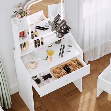 LIKIMIO Small Makeup Vanity Desk with Mirror and Lights, Vanity Table Set with Storage Drawer, Chair and Three Shelves, Bedroom, White - Image 8