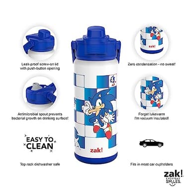 zak! Beacon Insulated Bottle, Sonic the Hedgehog - 20 oz - Durable Stainless Steel - Double-Wall Vacuum Insulation, Silicone Spout & Push-Button, Leak-Proof Lid - Dishwasher Safe - Image 2