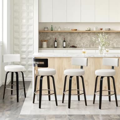 Bekrvio Swivel Counter Height Bar Stools Set of 4, 26” Seat Height Island Chairs Modern Kitchen Stools for Kitchen Counter, Faux Leather Upholstered Barstools with Back, Black Wood Legs and White Seat - Image 9