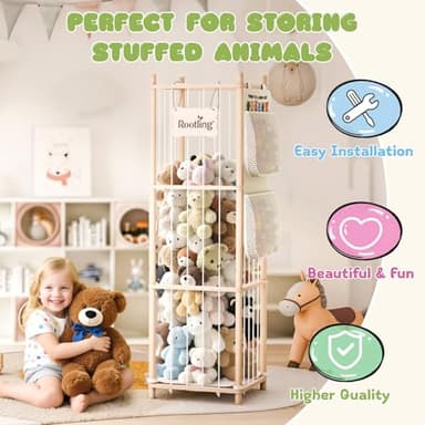 Stuffed Animal Storage & Organizer, 54 inch Tall Wooden Cute Zoo Toy Holder w/Building Block Storage Bag, Premium Wooden Material with Elastic Cord For Toddler Rooms, Playrooms & Bedrooms - Image 5