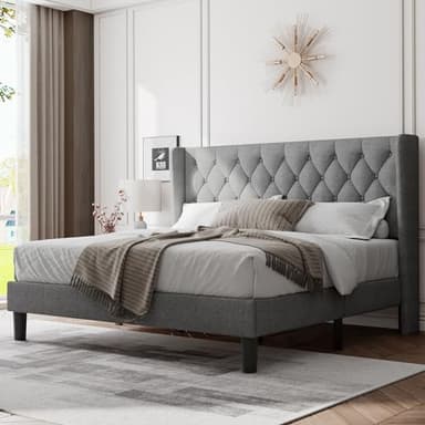 Feonase King Size Bed Frame with Wingback Tufted Headboard, Upholstered Platform Bed Frame with Heavy Duty Wooden Slats Support, Noise-Free, No Box Spring Needed, Easy Assembly, Light Grey - Image 1