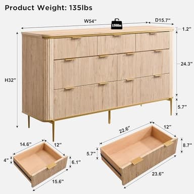 T4TREAM Fluted 7 Drawers Dresser for Bedroom, 54" Wide Modern Dresser TV Stand, Gold Accents, Fluted Fronts, Wood Storage Dressers Organizer for Bedroom, Living Room, Natural Oak - Image 2