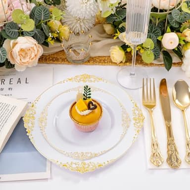 Joyido 102PCS White and Gold Plastic Plates - Heavy Duty Gold Disposable Plates Include 51PCS 7.5inch Dessert Plates, 51PCS 10.25inch Dinner Plates for Christmas & Thanksgiving Parties - Image 7