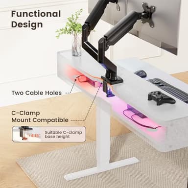 ErGear Standing Desk with LED Strip, 55″ x 28″ Electric Height Adjustable RGB Gaming Table with Shelf, Sit Stand Desk with Dual Cable Holes, C-Clamp Mount Compatible, 4 Preset Heights, White - Image 5