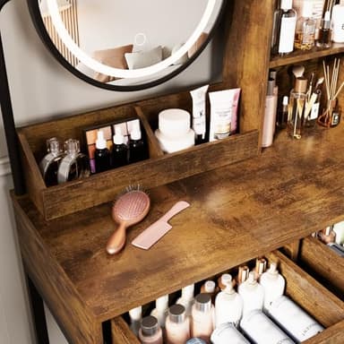 Makeup Vanity Desk with Round Mirror and Lights, White Vanity Makeup Table with 2 Drawers, Small Vanity Table for Bedroom with Lots Storage (Brown and Black, 15.75 * 31.5 * 53.6in) - Image 2