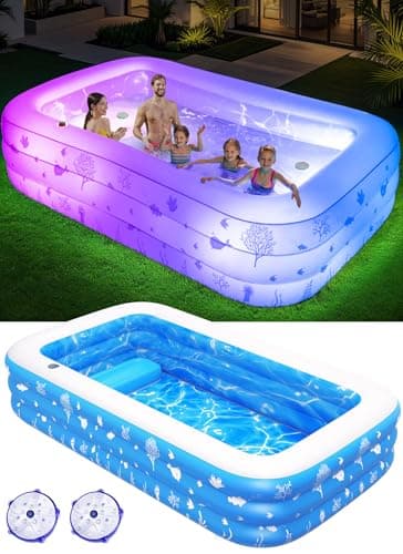 Inflatable Pool with Seat and Pool Lights, Durable Thickened Large Size Family Inflatable Pools for Adults Blow Up Pools,100" x 63" x 22"Swimming Inflatable Kids PooI for Backyard,Outdoor (White) - Image 1