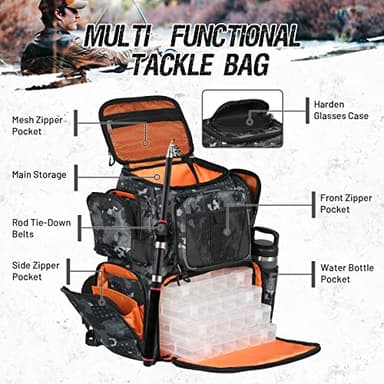 X Strike Fishing Tackle Backpack, 48L Large Fishing Bag with Rod Holders, 4 Tackle Box and Protective Rain Cover, Waterproof Tackle Storage Bag for Fishing, Camping, Hiking, Hunting. - Image 2