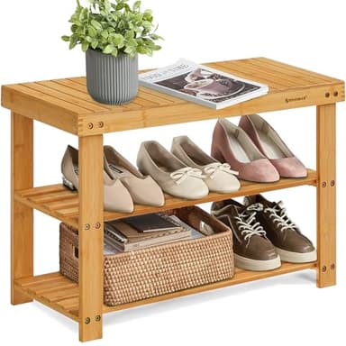 SONGMICS Shoe Rack Bench, 3-Tier Bamboo Shoe Storage Organizer, Entryway Bench, Holds Up to 286 lb, 11.3 x 27.6 x 17.8 Inches, for Entryway Bathroom Bedroom, Natural ULBS04N - Image 1