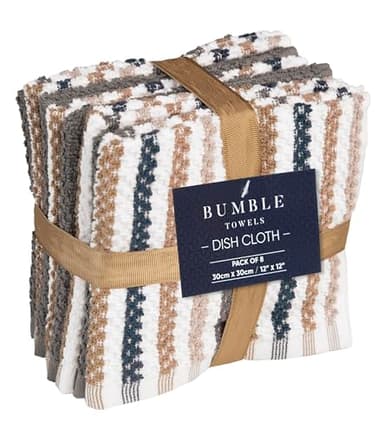 Bumble Premium Dish Cloths Towel 12"x12" | 100% Natural Ring Spun Cotton Tea Towel Set | 430 GSM | Highly Absorbent & Soft Dish Towels | 8 Pack - 4 Popcorn Wide Striped & 4 Solid Kitchen Towels - Gray - Image 3